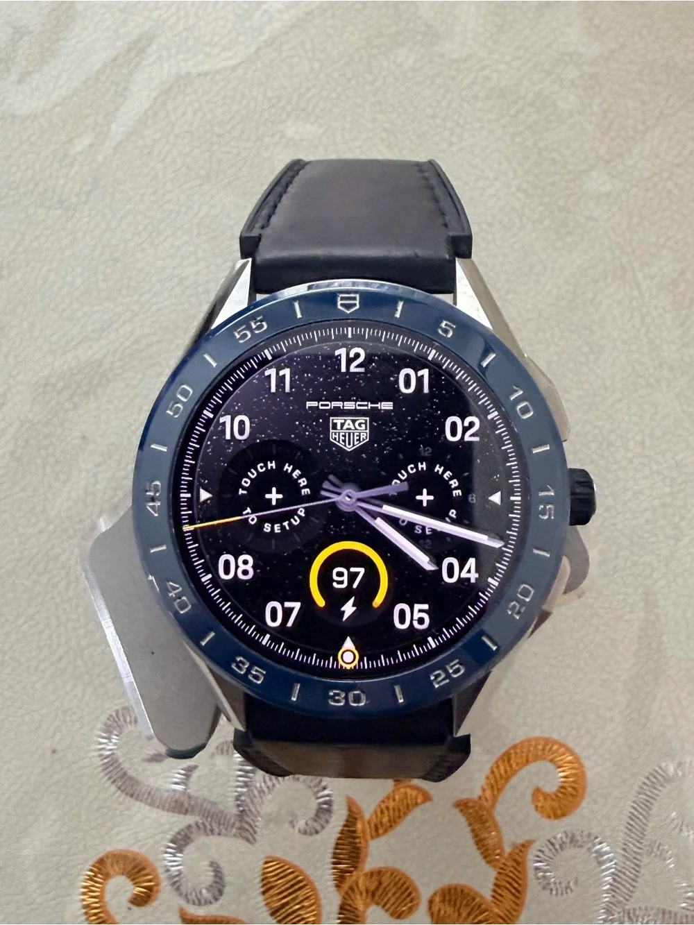 Tag Heuer Smartwatch Blue Dial with Black Strap and Yellow Accent